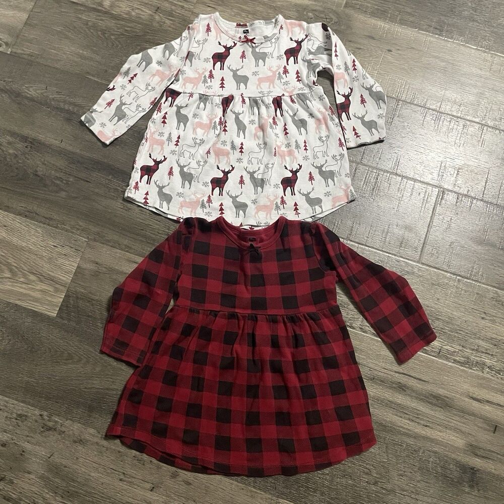 HB 4T Girl Dresses Set Of 2 Red Black Plaid Pink Gray Deer